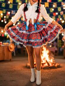 Red Floral Short Skirt For June Festival, Adult/Youth Size, Round, Country Style, Arraiá (Brazilian June Festival). - HOA ĐỎ - Xem 1