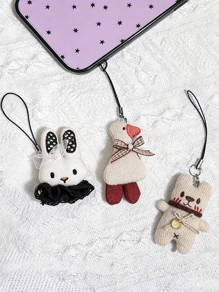可爱兔子、鸭子、猫咪手工串珠手机挂件、钥匙扣配件、DIY动物吊坠、Y2K美学独特挂饰、送朋友的好礼物（挂环位置不固定，请以实物为准） - 彩色 - 查看 1