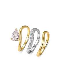 3pcs/Set Fashion Elegant Inlaid Teardrop Dual-Tone Stackable Rings, Suitable For Parties, Daily Wear, Holidays, Weddings - Multicolor - View 8