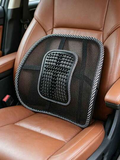 1pc Black Universal Car Back Support Massage Lumbar Support Cushion, Mesh Breathable Seat Pad