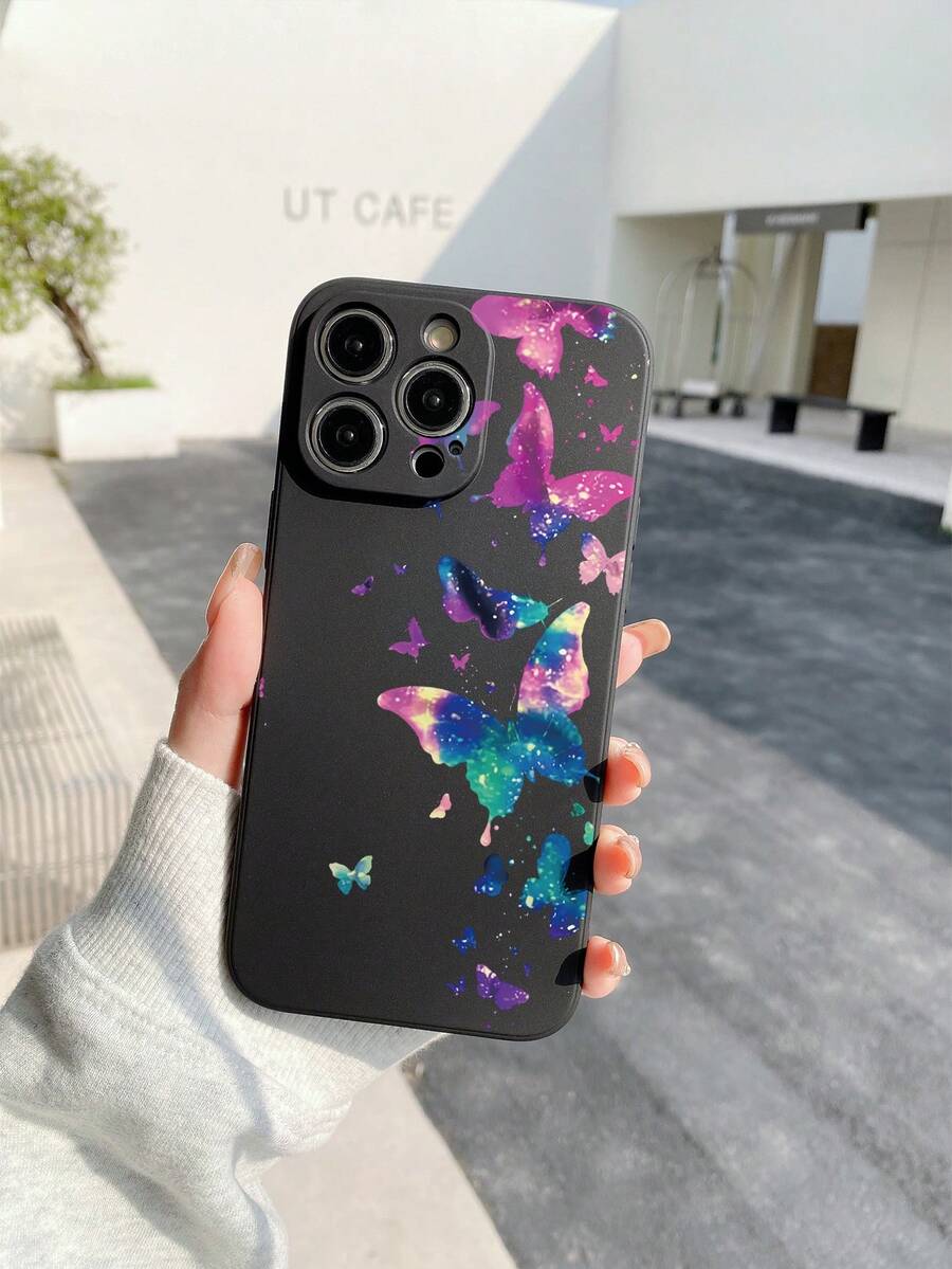 Compatible With Apple 17, 16, 15, 14, 13, 12, 11 Pro Max / / / / / Series, Colorful Butterfly Pattern Design Straight Edge TPU Phone Case, Anti-Drop, Portable - Black - View 1