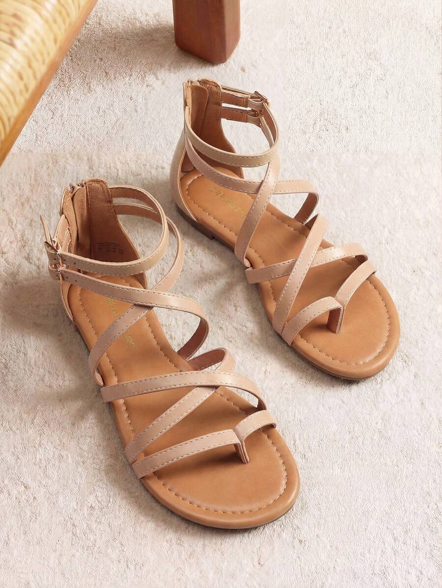 Women Gladiator Thong Sandals Summer Cross Strappy Flat Sandals With Back Zipper Casual Fashion Beach Dress Fisherman Shoes - 杏色 - 查看 1