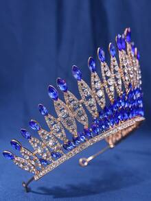1 pieza Elegante corona con cristales de color champán para mujer, brillante y adecuada para eventos, galas y actuaciones de señoras, decoraciones de cumpleaños, diadema nupcial de aleación de zinc de lujo - Azul - Ver 2