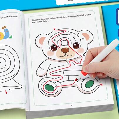 32页彩色迷宫图案绘画书，一本趣味迷宫绘画书，适合儿童，互动式迷宫活动书，可提升儿童的控笔能力和逻辑思维，培养专注力，包含动物/交通工具/植物/食物图案，是一款益智教育玩具书，纸质材料，可作为生日礼物、新年礼物、开学礼物、各种节日礼物。