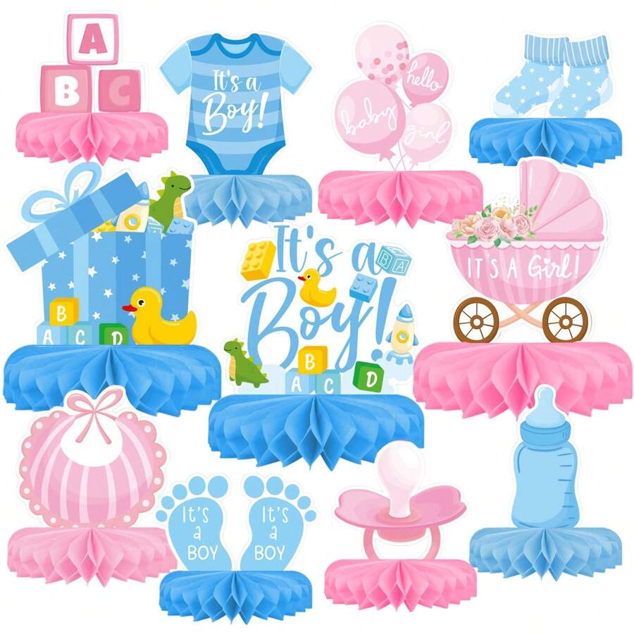 Baby Shower Decoration Set - Set Includes Pink/Blue Honeycomb Center Decor, Baby Display And Theme Table Decoration, Suitable For Baby Girl/Boy Shower Decoration - Multicolor - View 1