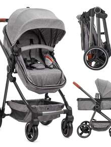 Cochecito doble convertible para bebé – Cochecito plegable 2 en 1 de alta posición, capazo reversible, estructura de aluminio, arnés de 5 puntos – Apto para recién nacidos y niños pequeños - Gris - Ver 1