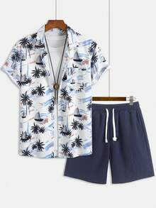 Set casual di moda da uomo GOLDREDY, polo a stampa abbinata a pantaloncini con coulisse tinta unita, outfit da 2 pezzi, stile hawaiano da resort - Bianco - Visualizzare 4