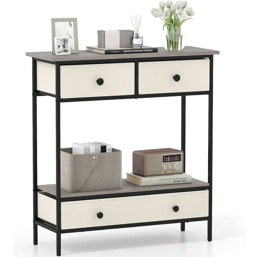 Console Table With 3 Fabric Drawers, 32" Farmhouse Entryway Table With Storage & Open Shelf, Rustic Narrow Sofa Table With Metal Frame For Living Room, Hallway, Entrance, Foyer - Gray & Beige - View 1