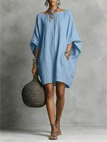 2026 European And American Spring/Summer Casual Fashion Imitation Cotton-Linen Batwing Loose Dress - Đỏ - Xem 2