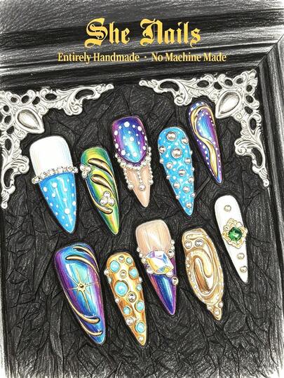 Bộ móng giả acrylic thủ công dày dặn, dễ thương kiểu Baroque Y2K, đầu nhọn, bóng bẩy, nhiều màu sắc, thích hợp cho mùa xuân/hè, bao gồm 10 móng dài màu kim loại xanh dương, xanh lá cây, sóng 3D, kim cương 3D, dây xích, chuyển màu, chấm 3D và đinh tán, phù hợp cho các bữa tiệc, kèm theo miếng dán gel và dũa móng.