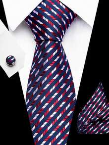 AlanKing 3pcs/Set Burgundy Striped Men's Tie, Pocket Square And Cufflinks, Business Suit Accessories For Office Wear - Color Mixing - View 1