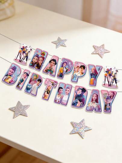 Hasbro Banner chữ "Chúc mừng sinh nhật" theo chủ đề nhóm nhạc nữ K-POP "Săn phù thủy", phông nền trang trí tiệc sinh nhật dễ thương dành cho người hâm mộ, trang trí phòng và đạo cụ chụp ảnh.