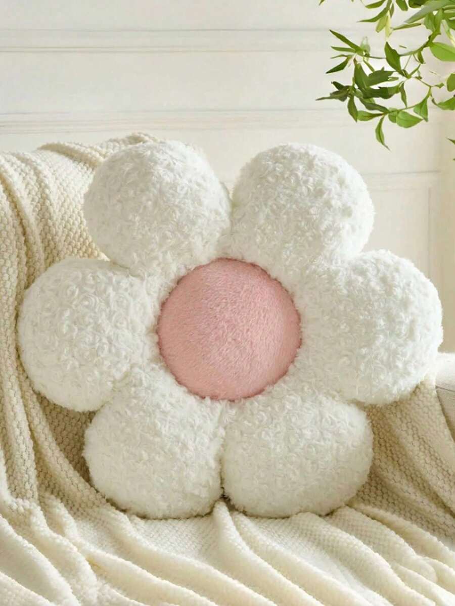 Floral Throw Pillow! Soft And Skin-Friendly, Like Being Gently Wrapped In A Cloud. The Design Features A Cute Six-Petal Flower/Daisy Pattern, Available In Various Colors Including Pink, Black, Red, Blue, Yellow, And White, Suitable For A Variety Of Home Decor Styles. - White - View 1