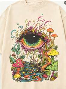 Summer Tops Men's  Eye And Mushroom Forest Pattern T-Shirt - Oversized Vintage Washed 100% Cotton T-Shirt, Vibrant 60s/70s Retro Print, Ultra-Soft And Breathable Fabric, Hip-Hop Street Style, Suitable For Festival Rave Outfits And Everyday Casual Wear - Magic Forest Loose And Comfortable Summer Clothes Spring Outfits For Women - Màu be - Xem 9