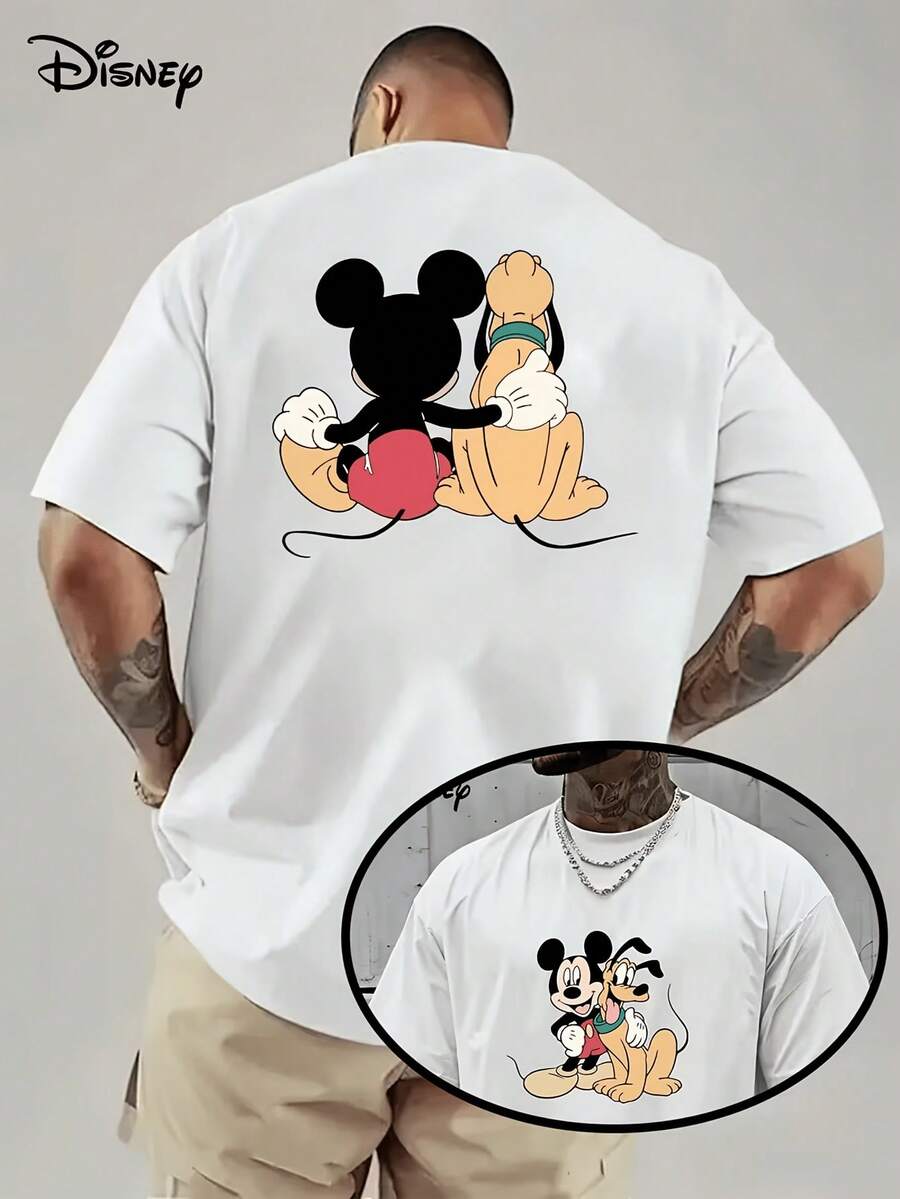 (Disney Licensed)Disney Mickey Mouse & Pluto Back View Hugging Front And Back Print Men's Oversized Crew Neck Short Sleeve Graphic T-Shirt, Cute Mickey And Pluto Casual Streetwear Tee For Men Summer Daily Wear, Disney Officially Authorized Men's Short-Sleeved T-Shirts, Mens Clothes, Men, Ropa De Hombre, Summer Clothes, Men Shirts, Graphic Tees, Disney Outfits Men, Graphic Tees, Camisetas Para Hombre, Camisas Para Hombre, Summer Outfits For Men, Father's Day Gift, Perfect Gift For Family And Friends, Which Are Necessary For Birthday Parties, Disney Shirts, Mens Clothes, Summer Clothes, Officially Licensed Disney T-Shirts, Disney Men's And Women's Spring/Summer Fashion Casual Short-Sleeve T-Shirts - 白色 - 查看 1