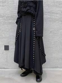 ストリートスタイルの男女兼用ワイドレッグパンツスカート - ダークカラーのスタッズと編み込みベルトがアクセント、超ゆったりシルエット、100%ポリエステル繊維、オールシーズン対応の万能アイテム - ブラック - チェックする 7
