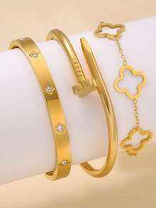 3pcs Stainless Steel 18K Cubic Zirconia Bracelet & Bangle Jewelry Set, Suitable For Daily Wear - Multicolor - View 1