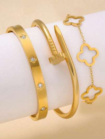 3pcs Stainless Steel 18K Cubic Zirconia Bracelet & Bangle Jewelry Set, Suitable For Daily Wear