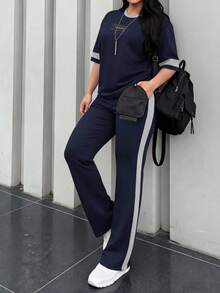 2 piezas Conjunto de camiseta de manga corta de cuello redondo y pantalones sueltos de cintura elástica para mujer, uso diario casual elegante de verano en color negro - Azul oscuro 24 - Ver 4