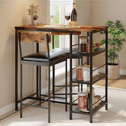 Hodeffior 3 Piece Dining Table Set With 2 Upholstered Bar Stools, Breakfast Bar Table With Wine Rack, Compact Kitchen Table And Chairs For Small Spaces, Apartment, Dining Room And Breakfast Nook