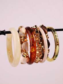 Bộ 7 chiếc vòng tay thời trang cao cấp, độc đáo, sáng bóng, đa năng, mang phong cách retro tinh tế, sang trọng, làm từ nhựa CCB màu hổ phách và kim loại màu ngà, phù hợp cho nữ, thích hợp đeo hàng ngày, dự lễ hội và tiệc tùng. - Nhiều màu - Xem 7