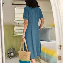 2026 Spring/Summer New European And American Style Solid Color Loose High-Waisted Cotton-Linen Dress - trắng - Xem 4