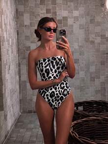 Women's Fashionable Bandeau Leopard Print One-Piece Swimsuit, Suitable For Beach & Summer Vacation - Multicolor - View 2