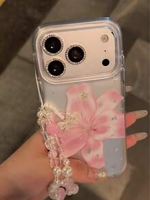 Étui de téléphone bracelet style coréen Ins avec étoiles roses et fleurs de lys, compatible avec iPhone 17, 16, 17 Pro Max, 16 Pro Max, 15, 14 Pro, 13, protection anti-chute intégrale pour femmes - Rose bonbon - Voir 2