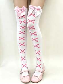1件蝴蝶结Y2K洛丽塔过膝袜日系JK甜美大腿袜 - 彩色 - 查看 1