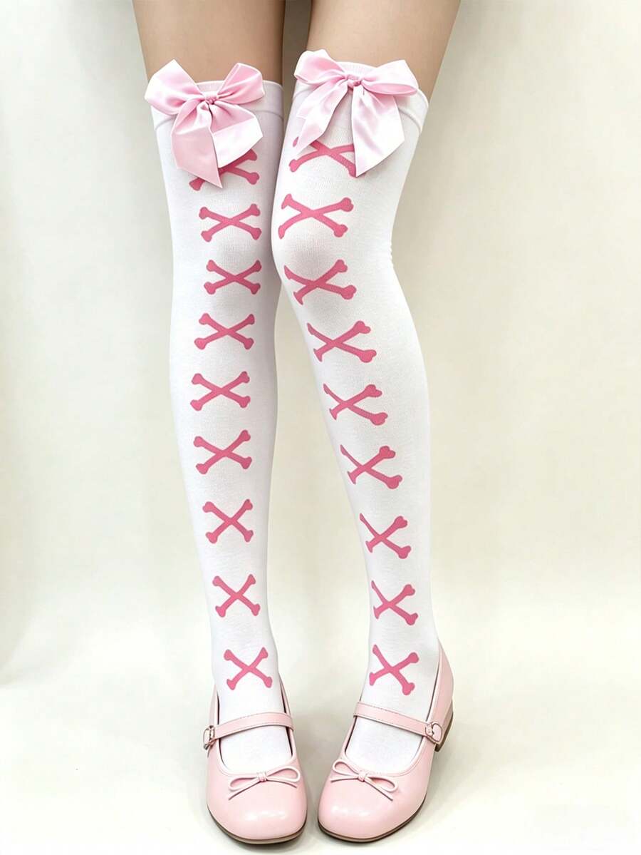 1件蝴蝶结Y2K洛丽塔过膝袜日系JK甜美大腿袜 - 彩色 - 查看 1