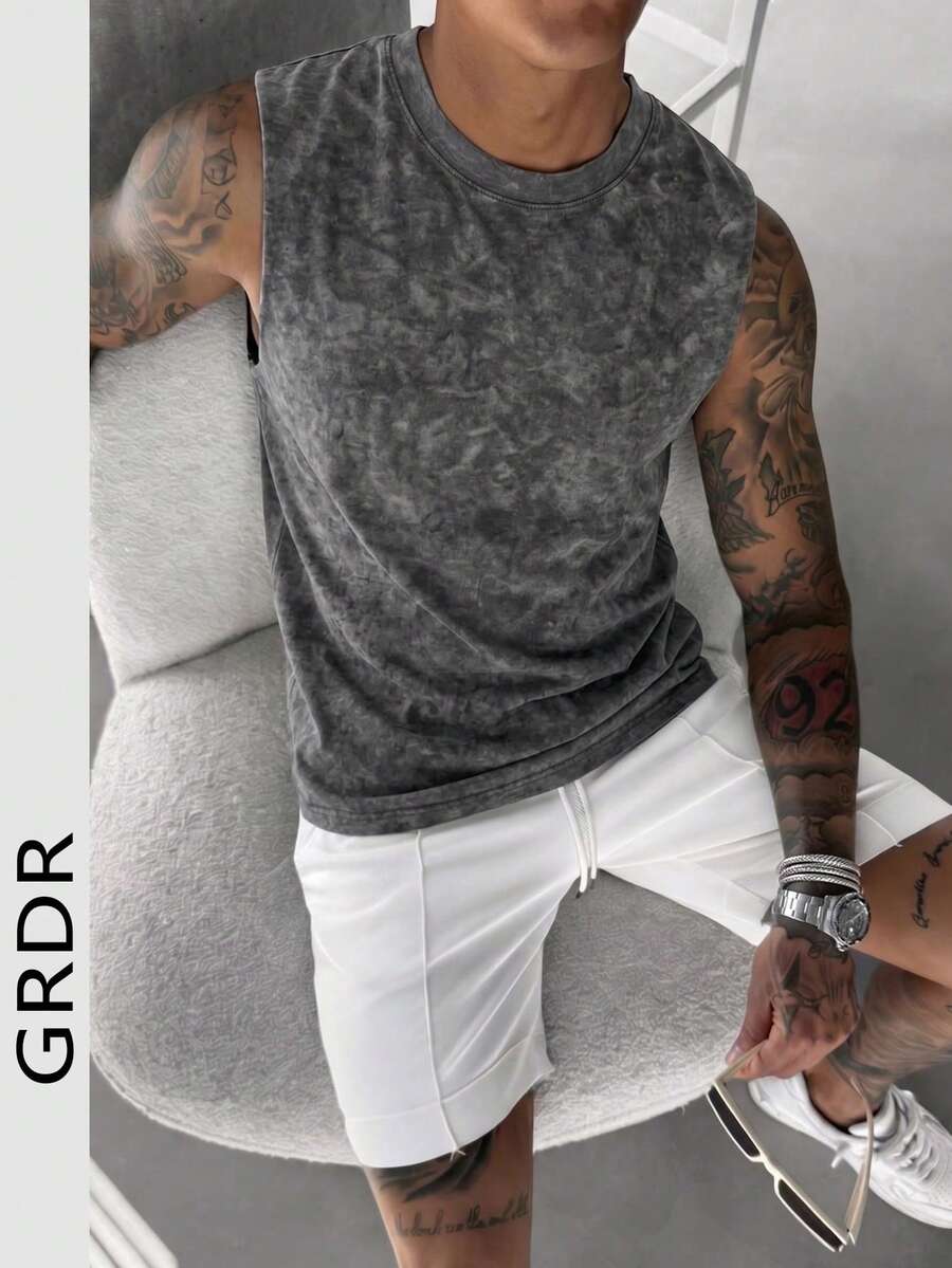 GRDR 男士复古简约纯色水洗圆领背心,街头休闲时尚宽松百搭 - 深灰色 - 查看 1