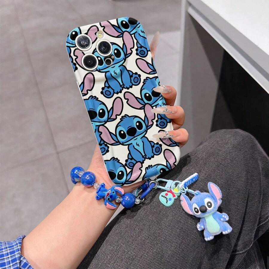 Disney Has Authorized, Phone Case - Chain Set, The Stitch Lilo & Stitch Phone Case Plus A Silicone 3D Or Fluffy Style Stitch Bracelet With Metallic Ring Removable Bracelet, Stitch And Angel Pattern, Compatible With Iphone 17/16/15/14/13/12/11/XS/XR/X Plus Pro Max, Wavy Design Phone Case For Girl, A Stylish Cartoon Summer Phone Case, The Perfect Gift Choice, Phone Protection, Durable Phone Cover, Great Gift For Friends And Family - 白色款式B - 查看 1