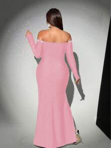 Plus Size Off Shoulder Long Sleeve Dress With Slit And Pearl Details Elegant Fit And Flare Prom Dress For Women Pink - Pink - View 8