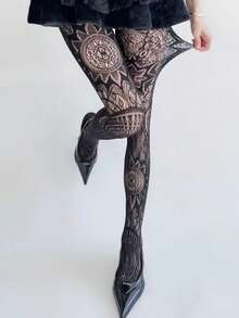 1件春夏日系现代暗黑蕾丝镂空图腾连裤袜，哥特朋克亚文化靴子设计连裤袜，复古Y2K时尚连裤袜洛丽塔打底裤/成熟女士性感渔网袜/独特纯粹欲望 - 彩色 - 查看 10