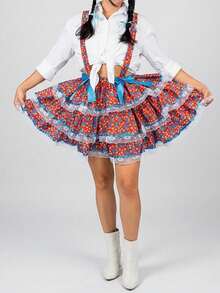 Red Floral Short Skirt For June Festival, Adult/Youth Size, Round, Country Style, Arraiá (Brazilian June Festival). - HOA ĐỎ - Xem 2