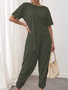 Enterizo mono jumpsuit mujer dama  manga corta cuello redondo corte relajado color lila bolsillos laterales tejido suave cómodo estilo casual moderno versátil para uso diario    Bolsillo  aberturas - Verde militar - Ver 2
