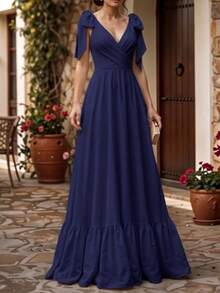 Women's V-Neck Backless Long Dress - Navy Blue - View 2