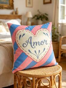 1pc Amor Heart Embroidered Throw Pillow Cover, Romantic Home Decor Cushion Cover For Sofa, Pink & Blue Striped - Powder Blue - View 8