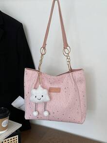 1pc Cloud Decor Star Pattern Polyester Large Capacity Zipper Shoulder Bag, Fashionable Daily Use For Women ,Pink Bag - Pink - View 7