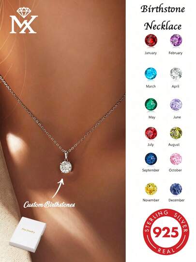 1pc 925 Sterling Silver Personalized Customized Birthstone Pendant Necklace, Gift For Couples And Family Stylish,Fall Fashion,Contracted,Simple,Casual,Old Money,Colorful,Soccer Mom Custom,Personalized,Unique Ideal Gifts For Her Girlfriend,Mom,Family,Friends,Daughter For Anniversaries,For Birthdays,For Daily Wear,For Prom,For Mother's Day,For Valentine's Day,For Graduation,For Weddings