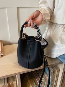 新款简约时尚女包单肩斜挎包水桶包仿布纹蔬菜篮手提包 - 黑色 - 查看 8