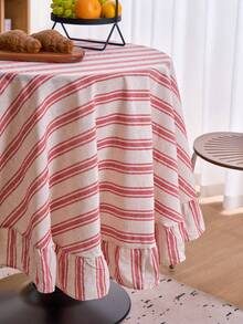 1pc Striped Ruffle Edge Round Table Decor Cloth, Vintage American Style Ruffle Edge Kitchen Decor, Round Living Room Decor Cloth, Valentine's Day Dining Table Decor - Red - View 11