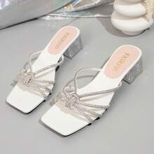 2026 Summer New Comfortable Versatile Elegant Crystal Crossed Strap Square Toe Transparent Chunky Heel Slide Sandals, Suitable For Daily Wear, Dates, Parties, Vacations - White - View 1