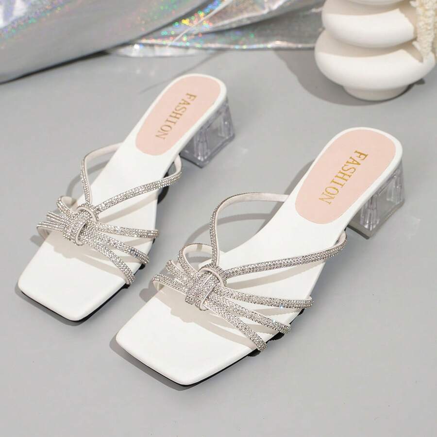 2026 Summer New Comfortable Versatile Elegant Crystal Crossed Strap Square Toe Transparent Chunky Heel Slide Sandals, Suitable For Daily Wear, Dates, Parties, Vacations - White - View 1