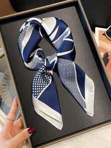 1pc Floral Print Faux Silk 70cm Square Scarf, Men's Bandana, Versatile Neck Scarf, Sun Protection,Holiday,Travel - Navy Blue - View 9
