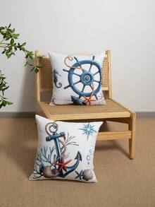 2 Packs 45x45cm Nautical Coastal Throw Pillow Covers Set, Simulation Silk Smooth Silky 3D Stereo Anchor Ship Wheel Marine Print Cushion Cases, Ocean Beach Starfish Coral Seahorse Decorative Pillow Covers (No Insert) For Sofa Couch Living Room Bedroom Patio All Season Home Decoration - Multicolor - View 6