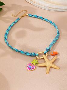 1/2 Piezas Collar de Encanto de Playa Boho de Verano para Mujeres, Cadena de Cuerda Colorida con Cierre de Mosquetón y Colgante de Pez, Estrella de Mar y Cereza - Multicolor - Ver 3