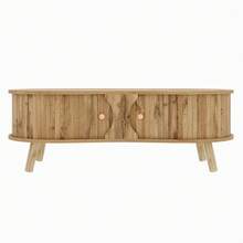 Pea-Shaped Coffee Table With Grooved Pattern, 2 Sliding Doors, Living Room Table, Wood Look, Solid Wood Legs, MDF Material - Natural Wood Color - View 12
