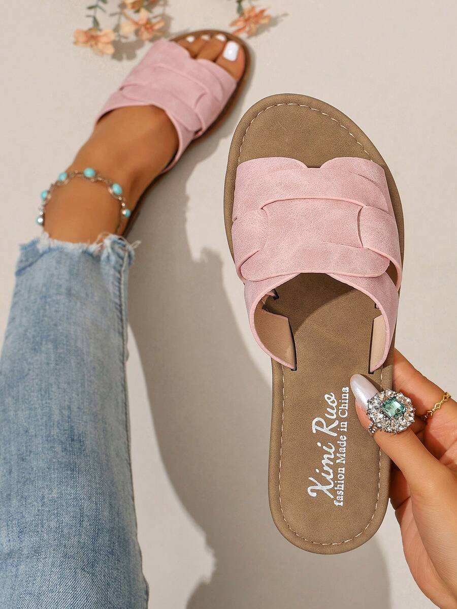Ximi Ruo Korean Style Casual Flat Slippers, Women's Shoes, Open Toe Sandals For Spring, Summer, Suitable For Dresses, Beach, Apartment, Brown Flat Slippers For Women - Pink - View 1