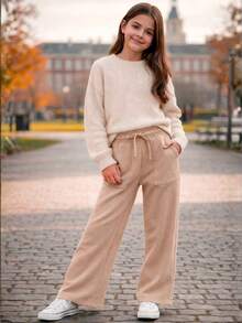 Children's Lined Sweatpants For Girls, Thick Fabric, Premium Line Pantaloons - Lạc đà - Xem 3